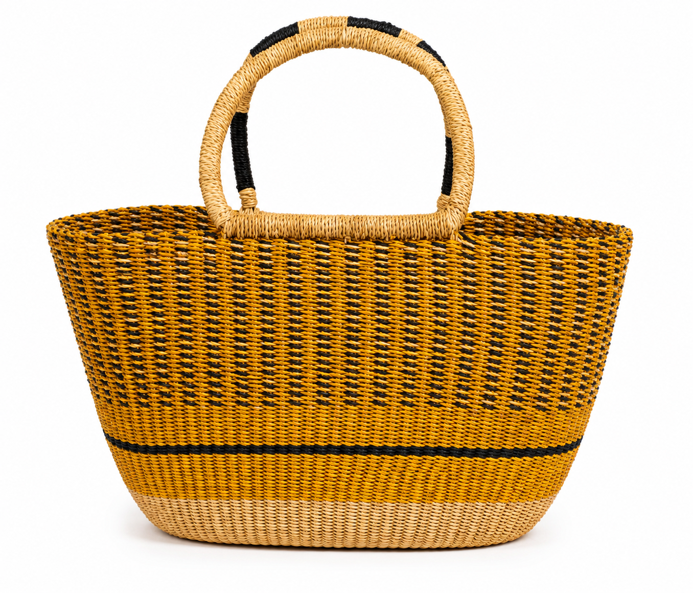 Handwoven African Market Tote – Yellow & Black Woven Basket Bag