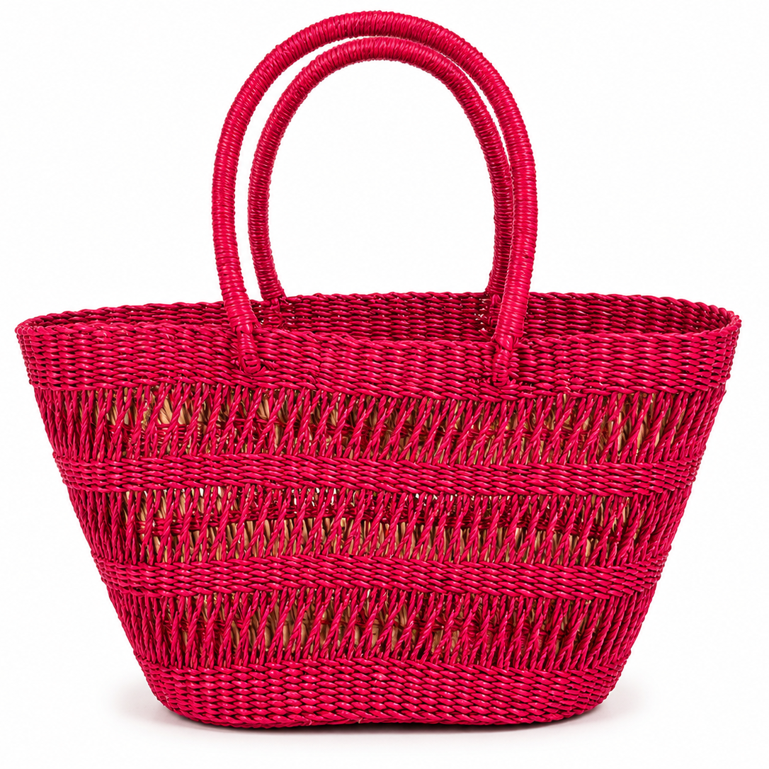Handwoven African Market Tote – Fuchsia Pink Woven Basket Bag