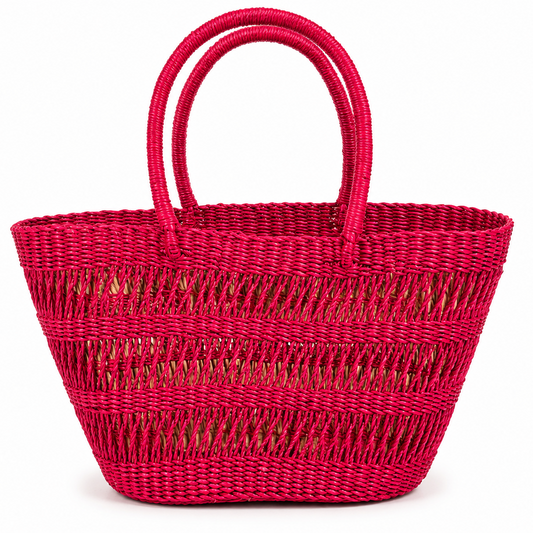 Handwoven African Market Tote – Fuchsia Pink Woven Basket Bag