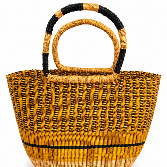 Handwoven African Market Tote – Yellow & Black Woven Basket Bag