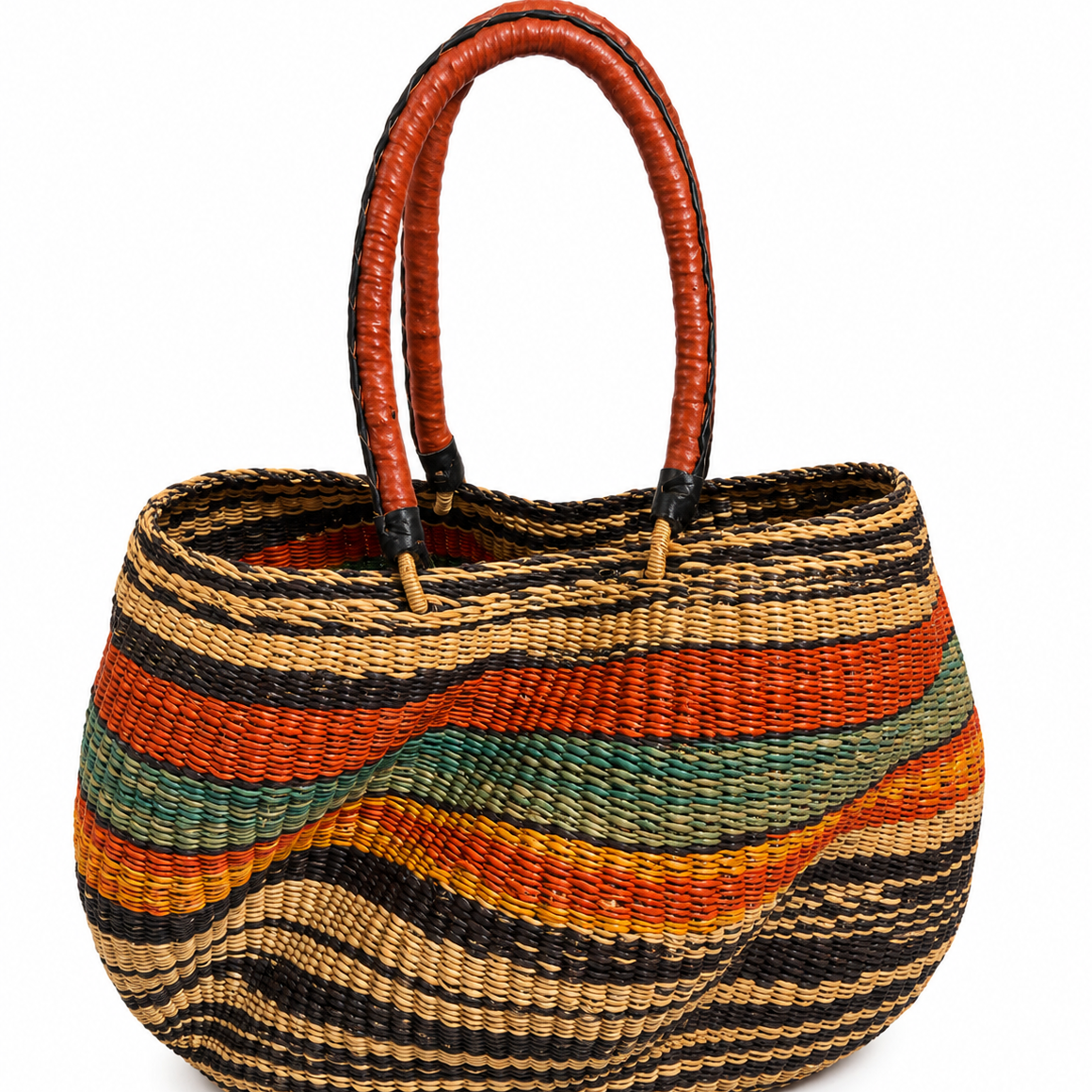 Handwoven African Market Basket – Large Multicolor Bolga Tote with Leather Handles