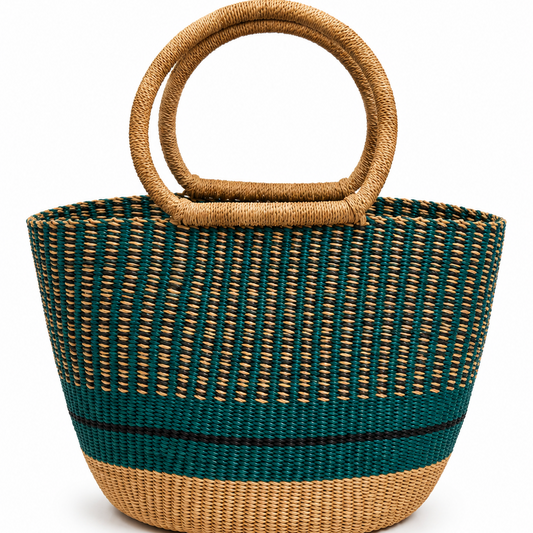 Handwoven African Market Tote – Teal & Natural Woven Basket Bag