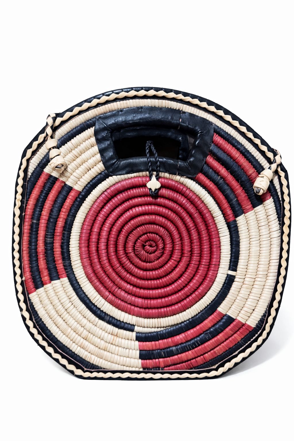 Handwoven Round African Purse – Leather Handle