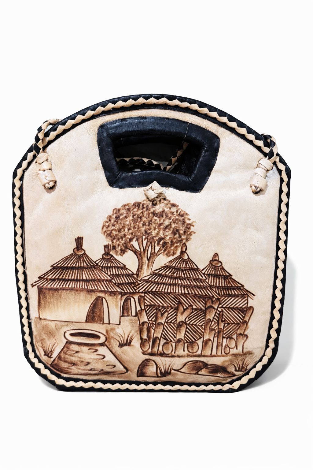 Handwoven Round African Purse – Leather Handle