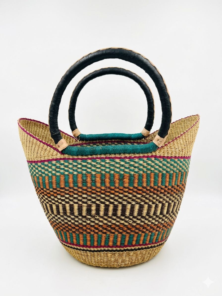 Savanna Emerald Bolga Basket – Handwoven Market Basket from Ghana 🇬🇭
